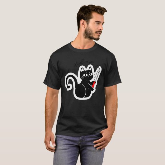 Funny Evil Cat with Knife – Dark Humor Design T-shirt (Voorkant volledig)