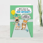 Funny Excited Dog, Grumpy Cat Birthday Kaart<br><div class="desc">Hier is een schattige en grappige verjaardagskaart voor cartoons met een opgewonden hond en een gruwelijke kat die naar een feestje gaat. Raad eens wie er opgewonden is en welke je liever een dutje doet. Een geweldige kaart voor een hondenliefhebber, een kattenliefhebber of beide. Bedankt dat je dit originele ontwerp...</div>