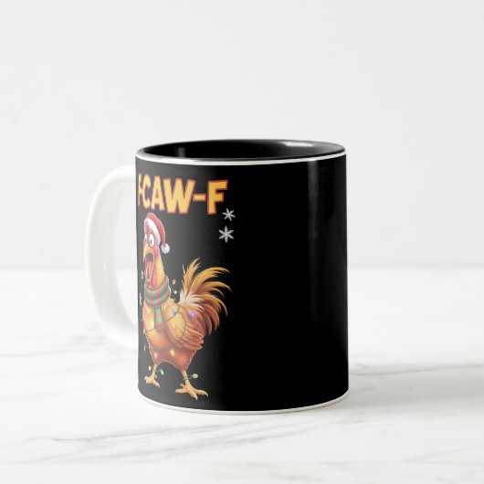 Funny F Caw F Chicken Christmas Screaming Rooster Tweekleurige Koffiemok (Voorkant links)