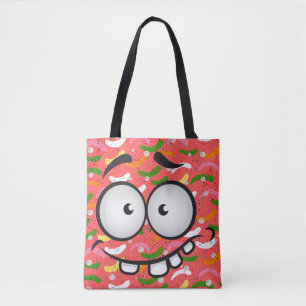 Funny face glimlacht kleurrijk patroon roze sinaas tote bag