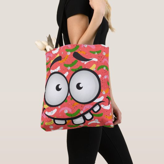 Funny face glimlacht kleurrijk patroon roze sinaas tote bag (Dichtbij)