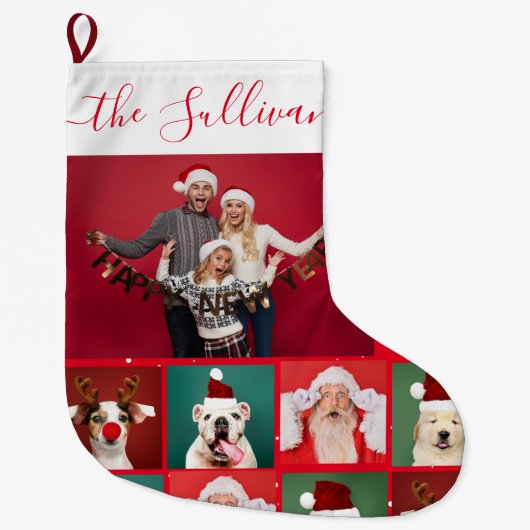 Funny Family Foto Collage Naam Rood Kerstfeest Grote Kerstsok (Voorkant)