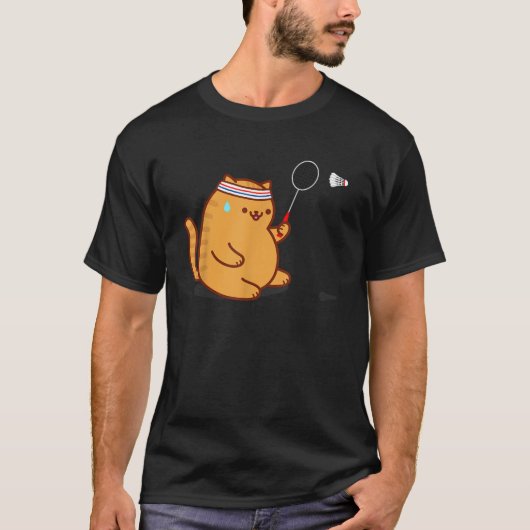 Funny Fat Cat Playing Badminton  T-shirt (Voorkant)