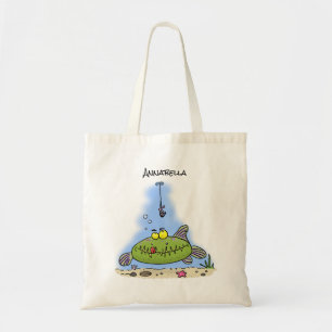 Funny fat hongerige cartoon groene vis tote bag