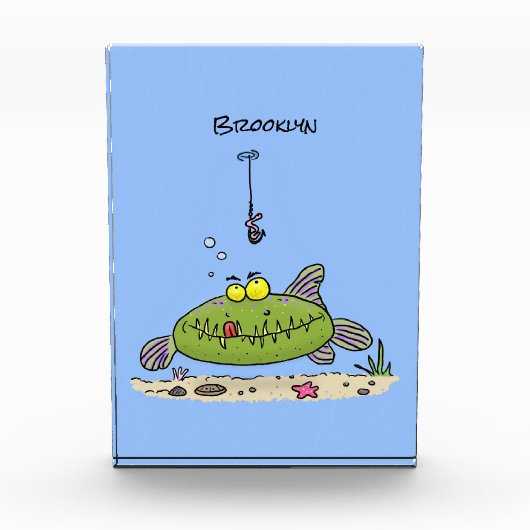 Funny fat hungry green fish fishing cartoon fotoblokken (Voorkant)