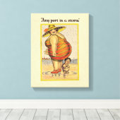 Funny Fat Lady op strand Canvas Afdruk (Insitu (Houten vloer))