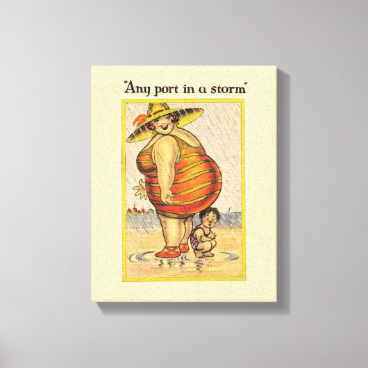 Funny Fat Lady op strand Canvas Afdruk (Voorkant)