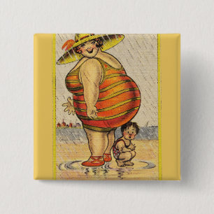Funny Fat Lady op strand Vierkante Button 5,1 Cm