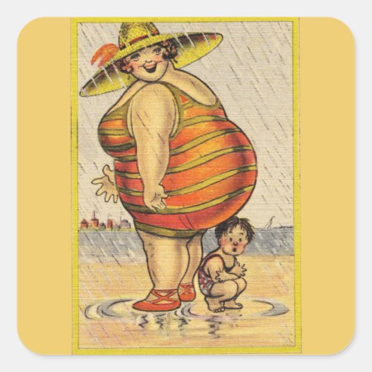 Funny Fat Lady op strand Vierkante Sticker (Voorkant)