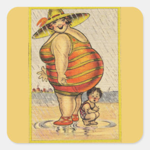 Funny Fat Lady op strand Vierkante Sticker