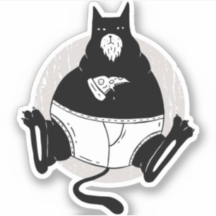 Funny Fathers Day Fat Cat Dad Eating Pizza Cartoon Sticker
