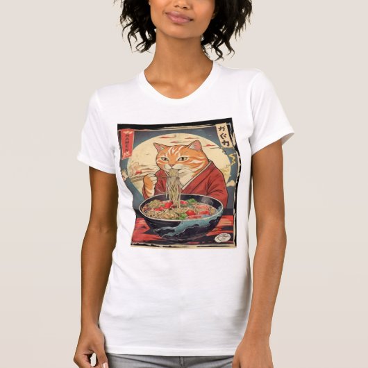  Funny Feline Eating  Ramen Japanese Ukiyo-e Style T-shirt (Voorkant)
