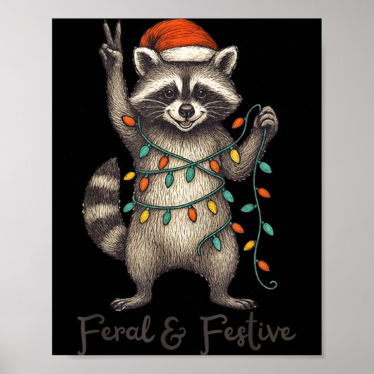 Funny Feral And Festive Raccoon Santa Hat Retro Ch Poster (Voorkant)