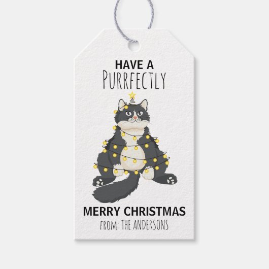 Funny Festive Christmas Cat Tree Cute Cartoon Cadeaulabel (Voorkant)