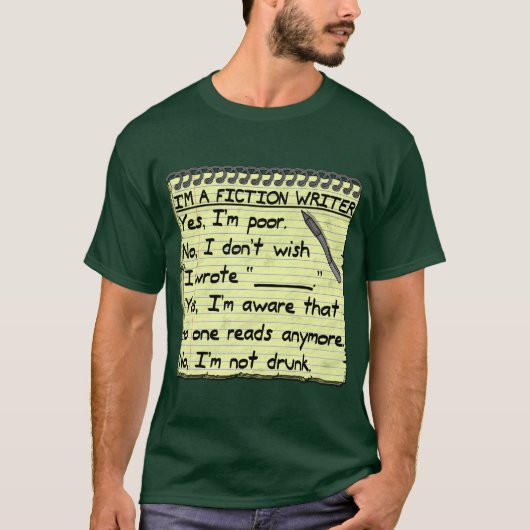 Funny Fiction Writer-antwoordblad T-shirt (Voorkant)
