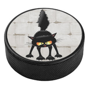 Funny Fierce Black Cat Cartoon Hockey Puck