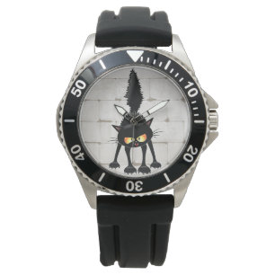 Funny Fierce Black Cat Cartoon Horloge