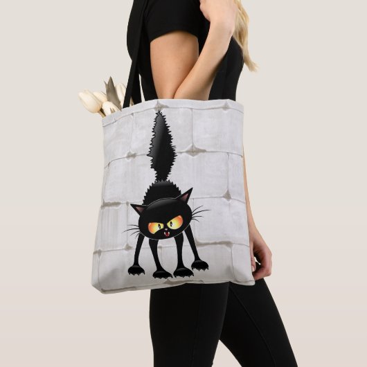 Funny Fierce Black Cat Cartoon  Tote Bag (Dichtbij)