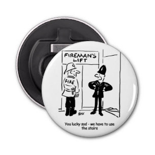 Funny Fireman Firefighter en Policeman Cartoon Button Flesopener