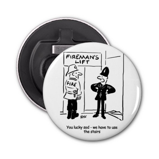 Funny Fireman Firefighter en Policeman Cartoon Button Flesopener (Voorkant)