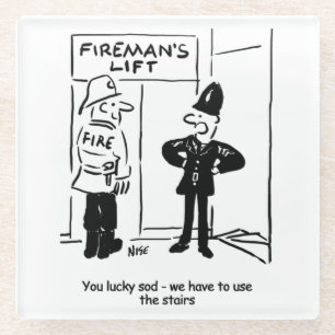 Funny Fireman Firefighter en Policeman Cartoon Glazen Onderzetter