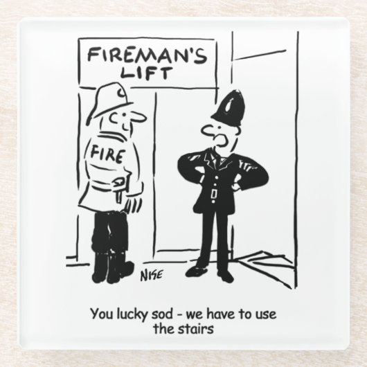 Funny Fireman Firefighter en Policeman Cartoon Glazen Onderzetter (Voorkant)