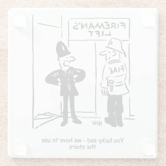 Funny Fireman Firefighter en Policeman Cartoon Glazen Onderzetter (Achterkant)
