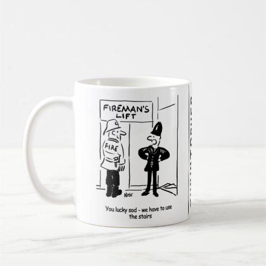 Funny Fireman Firefighter en Policeman Cartoon Koffiemok (Links)