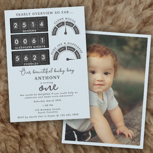 Funny First Birthday Baby Boy Cute Stats Photo Kaart
