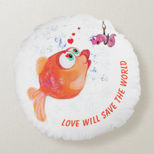 Funny Fish and Worm Love Cartoon Round Pillow Rond Kussen