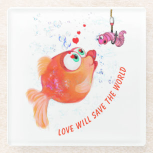 Funny Fish and Worm Love Glass Onderzetter Cartoon