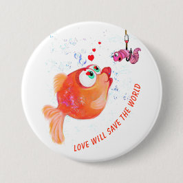 Funny Fish and Worm Love Romantic Cartoon Button
