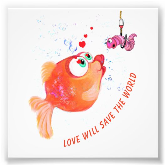 Funny Fish and Worm Love Romantic Cartoon Drawing Foto Afdruk (Voorkant)