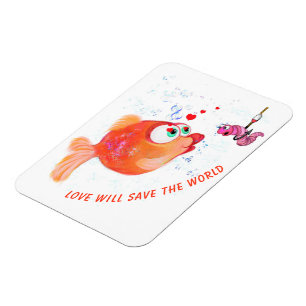 Funny Fish and Worm Love Romantic Cartoon Drawing Magneet