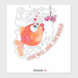 Funny Fish and Worm Love Romantic Cartoon Drawing  Sticker