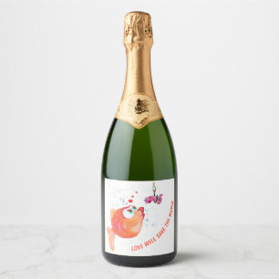 Funny Fish and Worm Love Romantic Cartoon Label Sparkling Wijnetiket