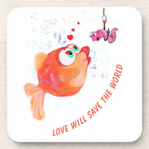 Funny Fish and Worm Love Romantic Cartoon Onderzet Bier Onderzetter