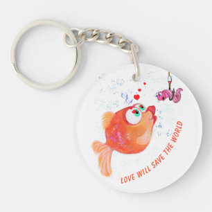 Funny Fish and Worm Love Romantic Cartoon Sleutelh Sleutelhanger