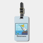 Funny fish pelican cartoon bagagelabel (Voorkant verticaal)