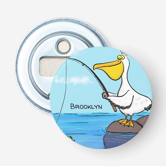 Funny fish pelican cartoon button flesopener (Voorkant)