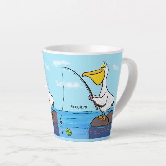 Funny fish pelican cartoon latte mok (Rechterhoek)