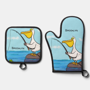 Funny fish pelican cartoon ovenwant & pannenlap set