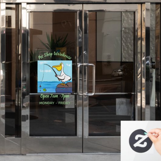 Funny fish pelican cartoon raamsticker (Kantoordeur)