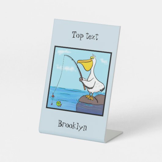 Funny fish pelican cartoon reclamebord met voetstuk (Voorkant)