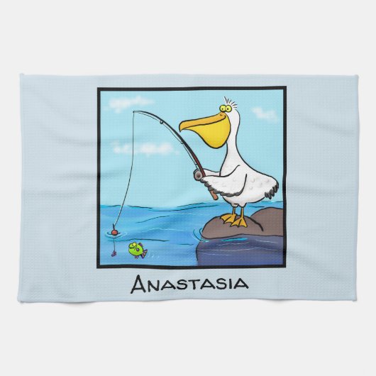 Funny fish pelican cartoon theedoek (Horizontaal)