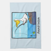 Funny fish pelican cartoon theedoek (Verticaal)