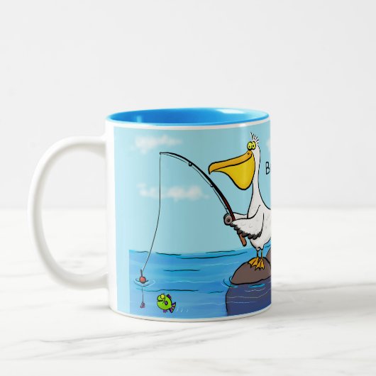Funny fish pelican cartoon tweekleurige koffiemok (Links)