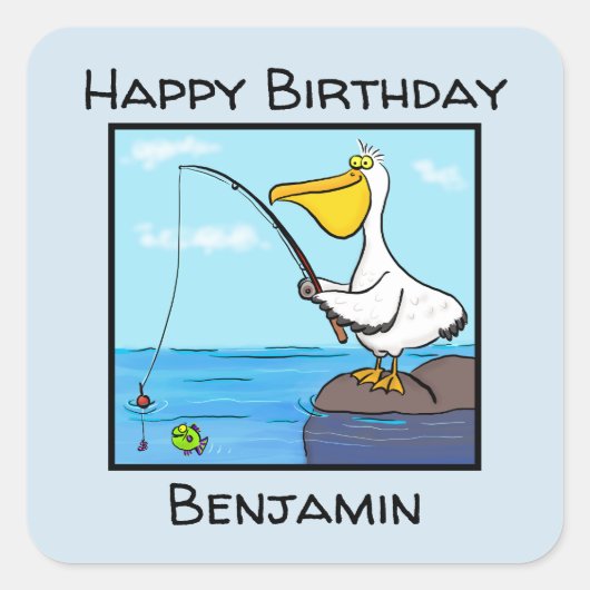 Funny fish pelican cartoon vierkante sticker (Voorkant)