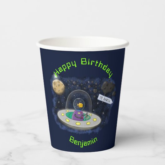 Funny fish UFO space ship cartoon illustration Papieren Bekers (Achterkant)