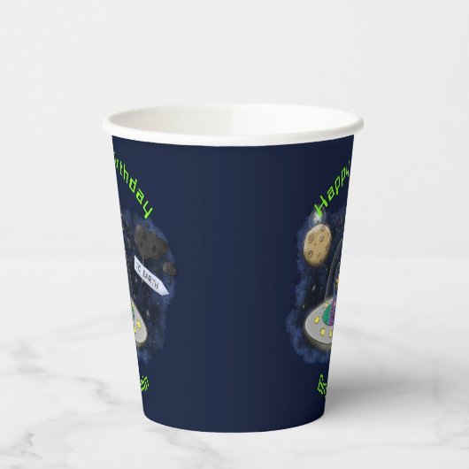 Funny fish UFO space ship cartoon illustration Papieren Bekers (Links)